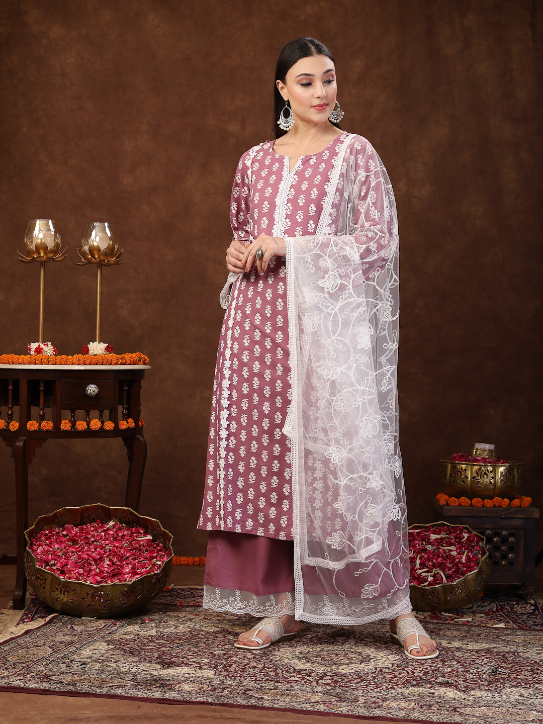 Floral Printed Rayon Straight Kurta Palazzo Dupatta Set (Pre-Order)