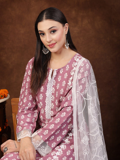 Floral Printed Rayon Straight Kurta Palazzo Dupatta Set (Pre-Order)