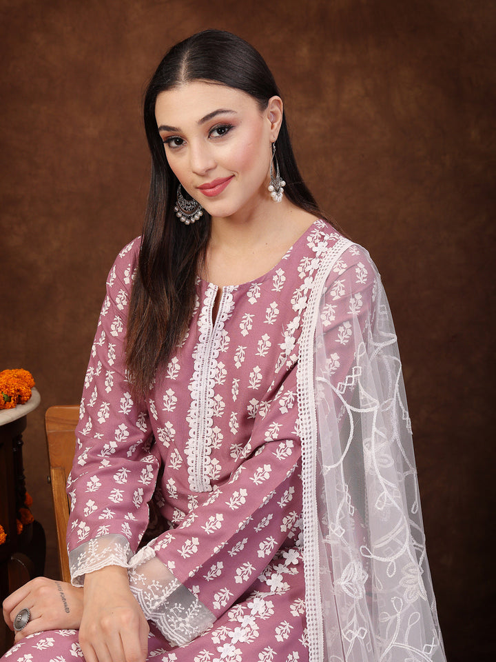 Floral Printed Rayon Straight Kurta Palazzo Dupatta Set