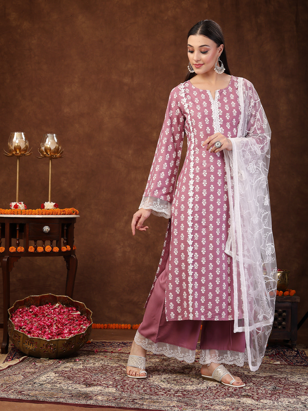 Floral Printed Rayon Straight Kurta Palazzo Dupatta Set (Pre-Order)