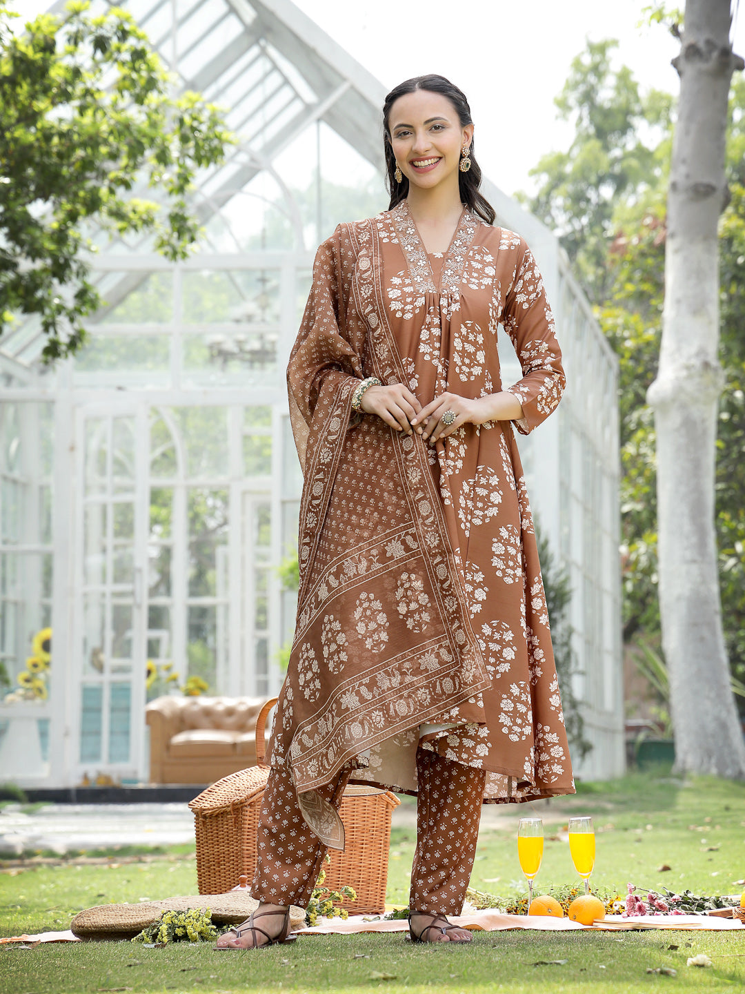 Brown Floral Buta Printed Rayon A-Line Kurta Pant Dupatta Set (Pre-Order)