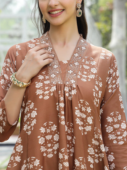 Brown Floral Buta Printed Rayon A-Line Kurta Pant Dupatta Set