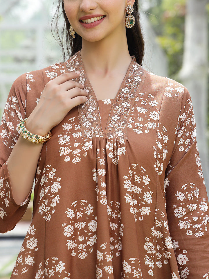 Brown Floral Buta Printed Rayon A-Line Kurta Pant Dupatta Set