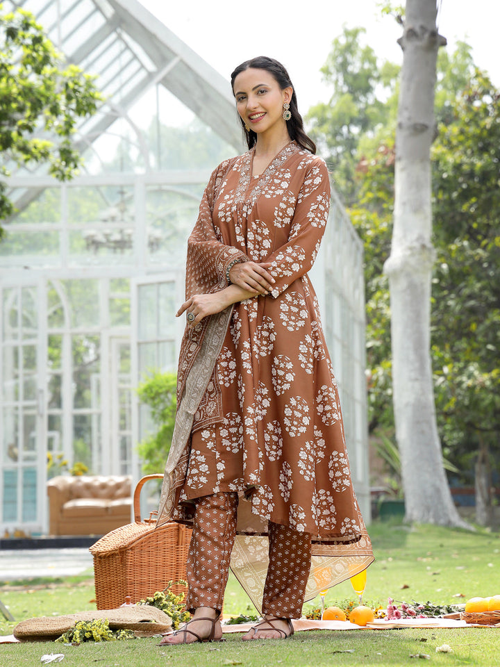 Brown Floral Buta Printed Rayon A-Line Kurta Pant Dupatta Set