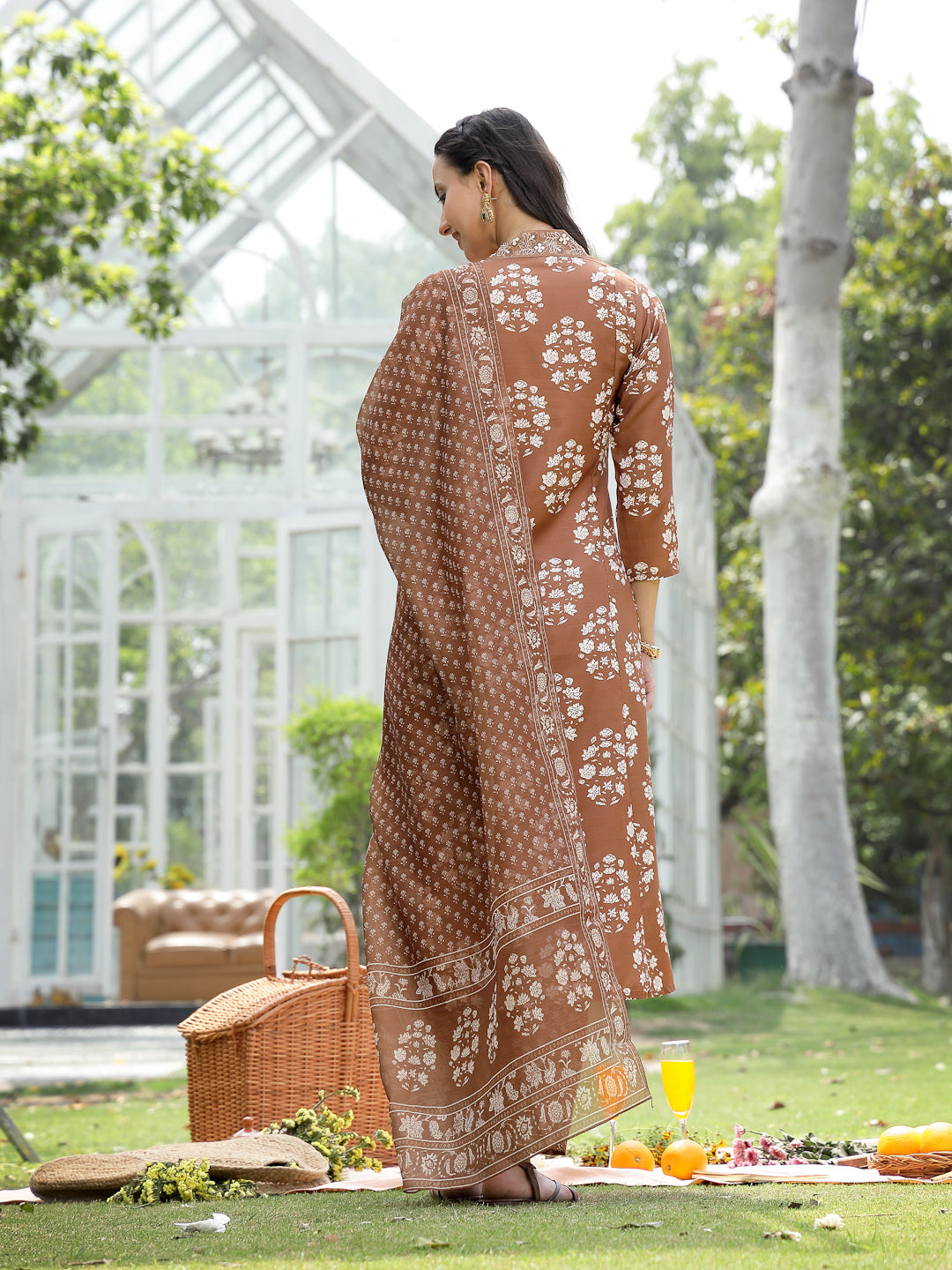 Brown Floral Buta Printed Rayon A-Line Kurta Pant Dupatta Set