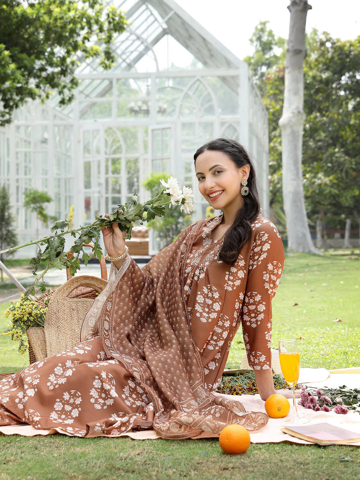 Brown Floral Buta Printed Rayon A-Line Kurta Pant Dupatta Set