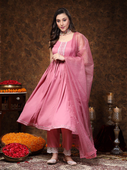 Mulberry Pink Solid & Embroidered Italian Crush Anarkali Kurta Pant Dupatta Set (Pre-Order)