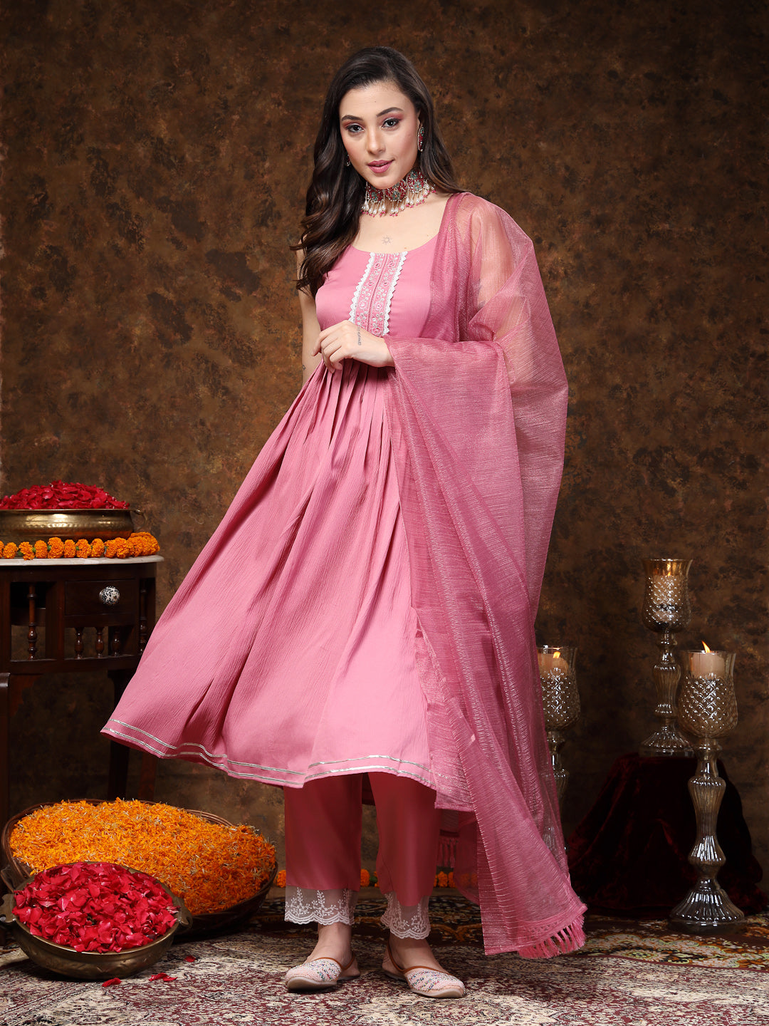 Mulberry Pink Solid &amp; Embroidered Italian Crush Anarkali Kurta Pant Dupatta Set