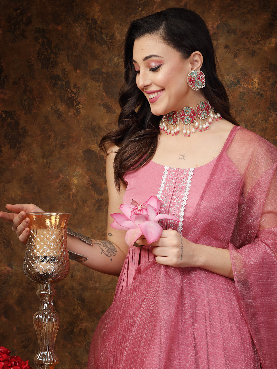 Mulberry Pink Solid &amp; Embroidered Italian Crush Anarkali Kurta Pant Dupatta Set