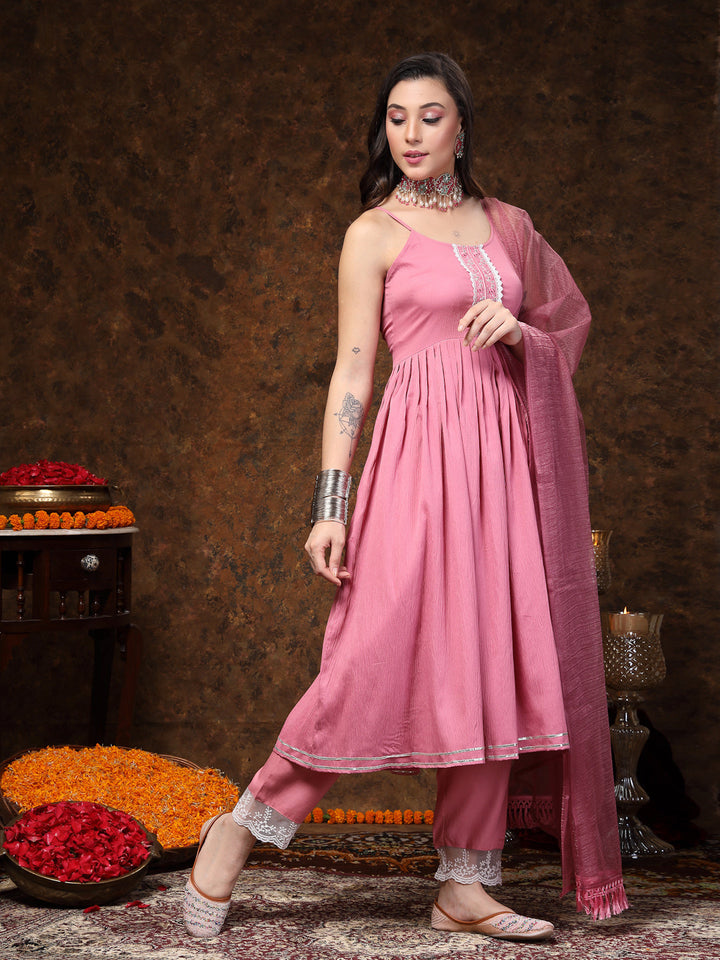 Mulberry Pink Solid &amp; Embroidered Italian Crush Anarkali Kurta Pant Dupatta Set
