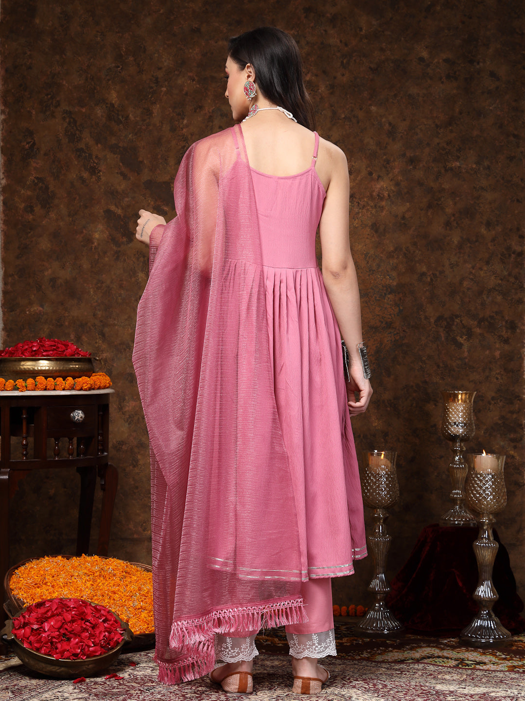 Mulberry Pink Solid &amp; Embroidered Italian Crush Anarkali Kurta Pant Dupatta Set