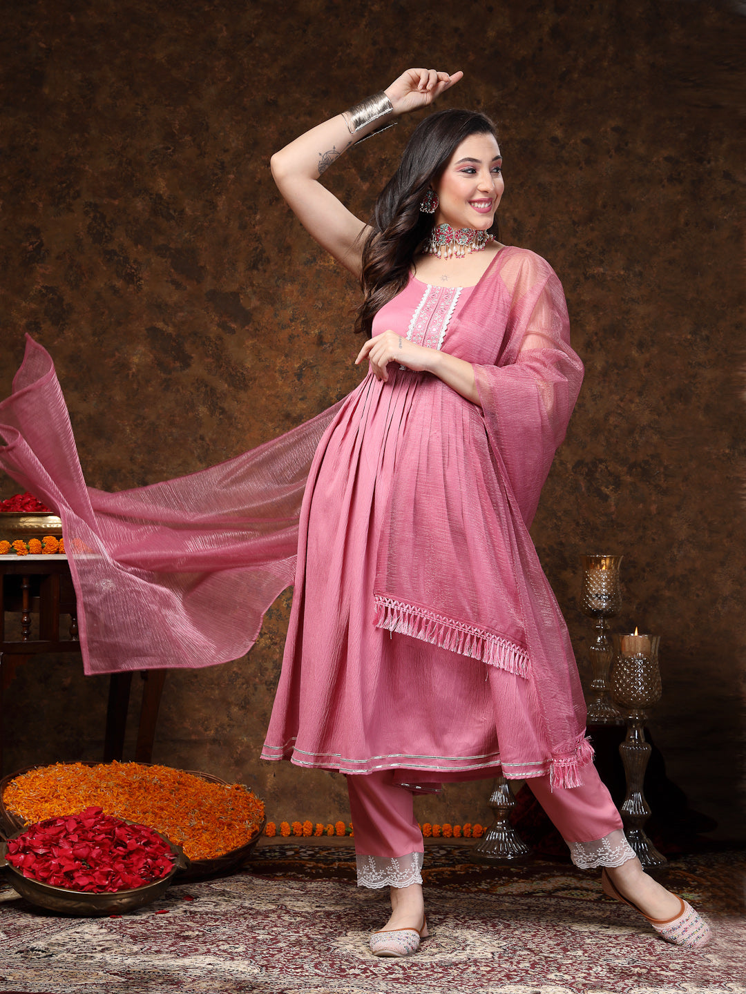 Mulberry Pink Solid &amp; Embroidered Italian Crush Anarkali Kurta Pant Dupatta Set