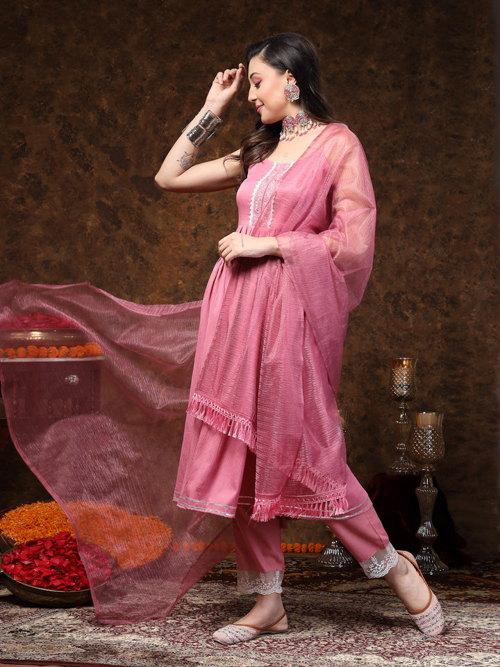 Mulberry Pink Solid &amp; Embroidered Italian Crush Anarkali Kurta Pant Dupatta Set