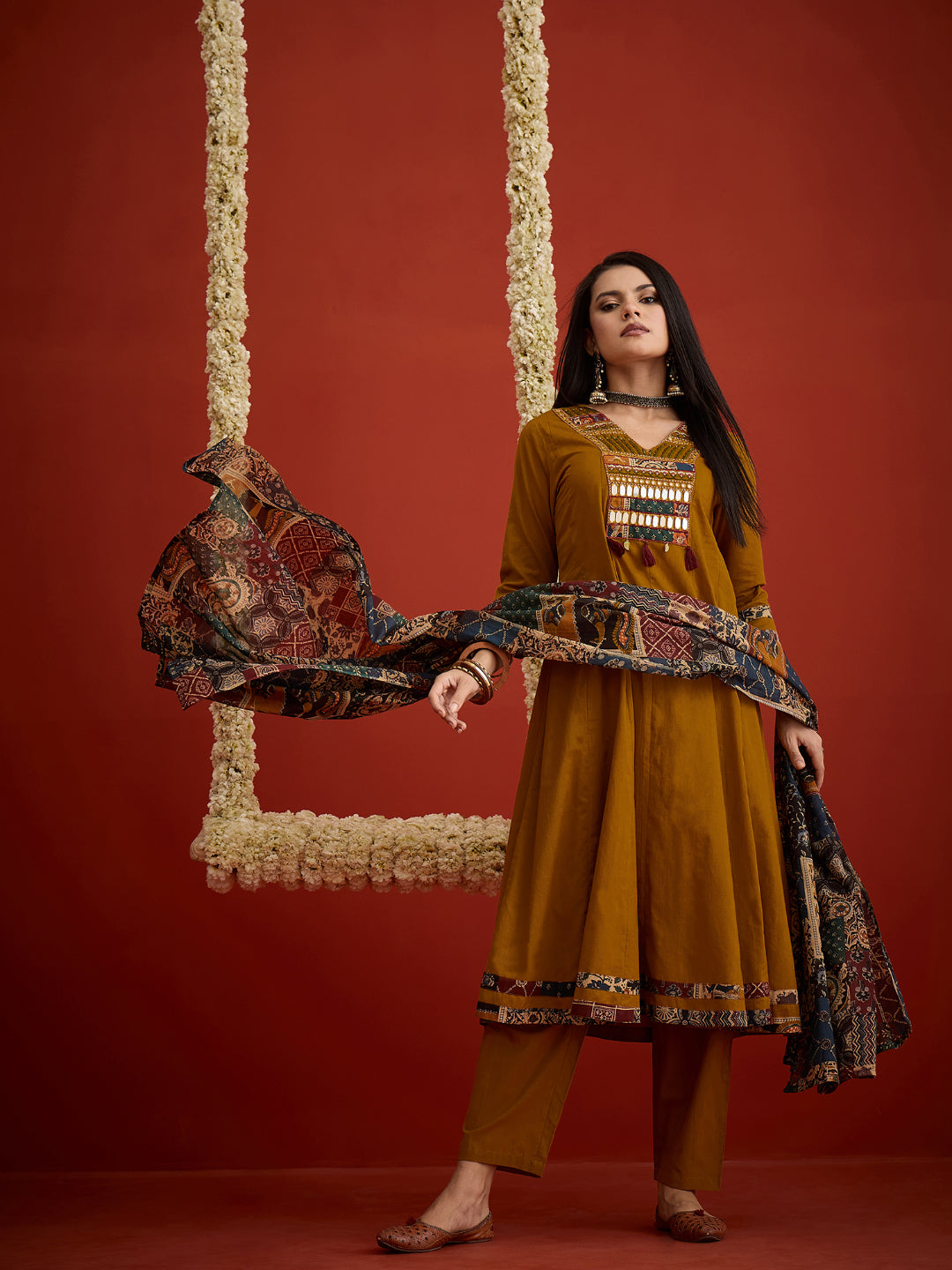 Solid &amp; Embroidered Cotton Anarkali Kurta Pant Dupatta Set