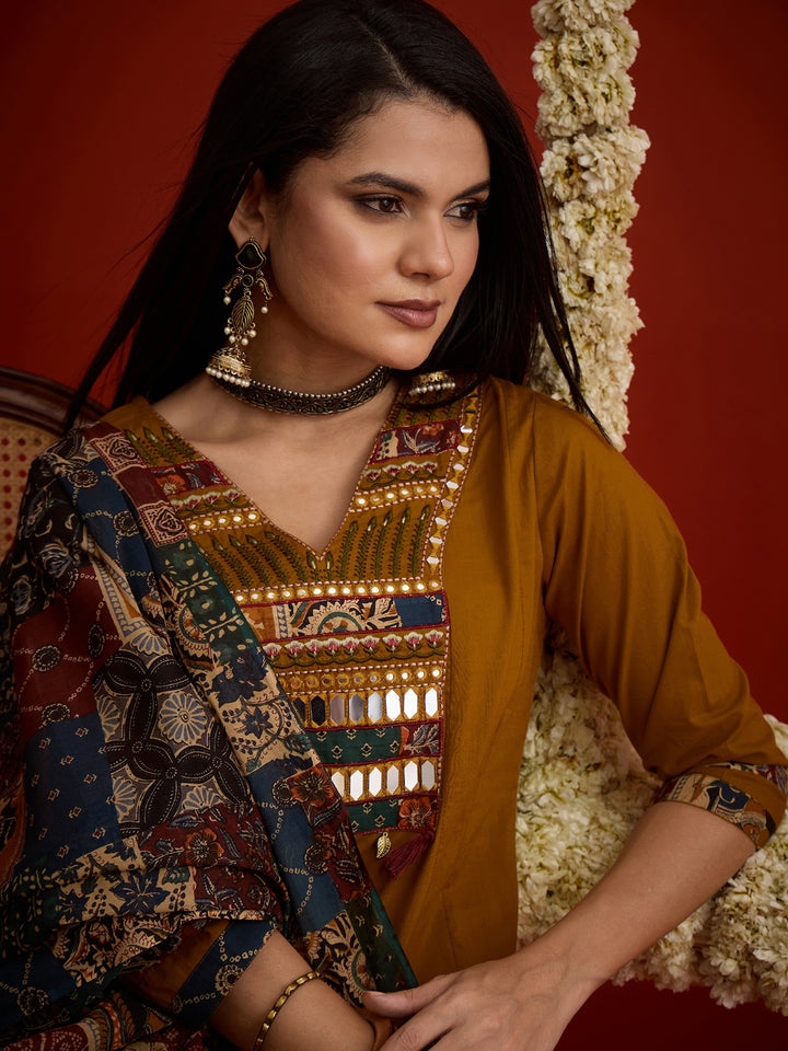Solid &amp; Embroidered Cotton Anarkali Kurta Pant Dupatta Set