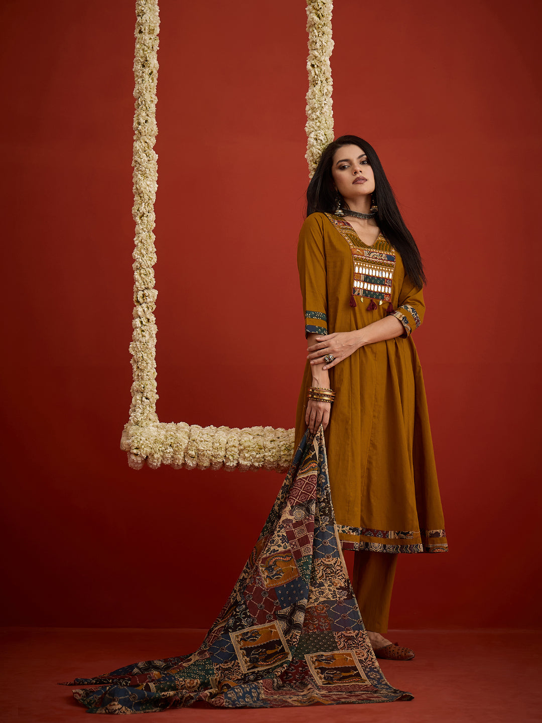 Solid &amp; Embroidered Cotton Anarkali Kurta Pant Dupatta Set