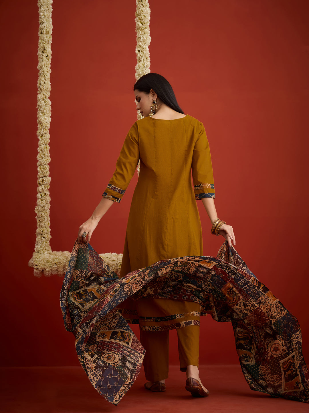 Solid &amp; Embroidered Cotton Anarkali Kurta Pant Dupatta Set