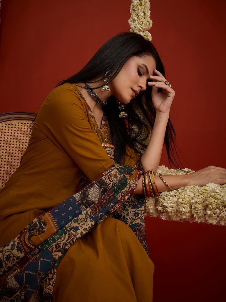 Solid &amp; Embroidered Cotton Anarkali Kurta Pant Dupatta Set