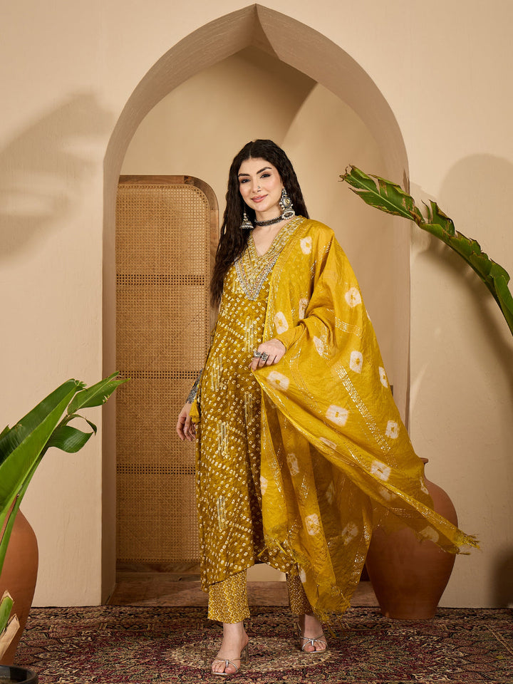Bandhej Printed &amp; Embroidered Rayon A-Line Kurta Pant Dupatta Set