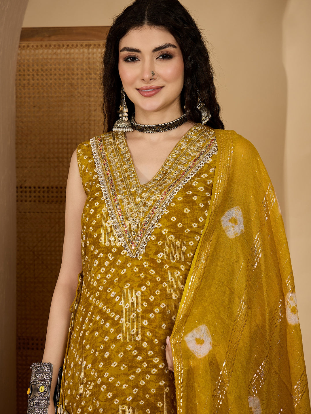 Bandhej Printed & Embroidered Rayon A-Line Kurta Pant Dupatta Set