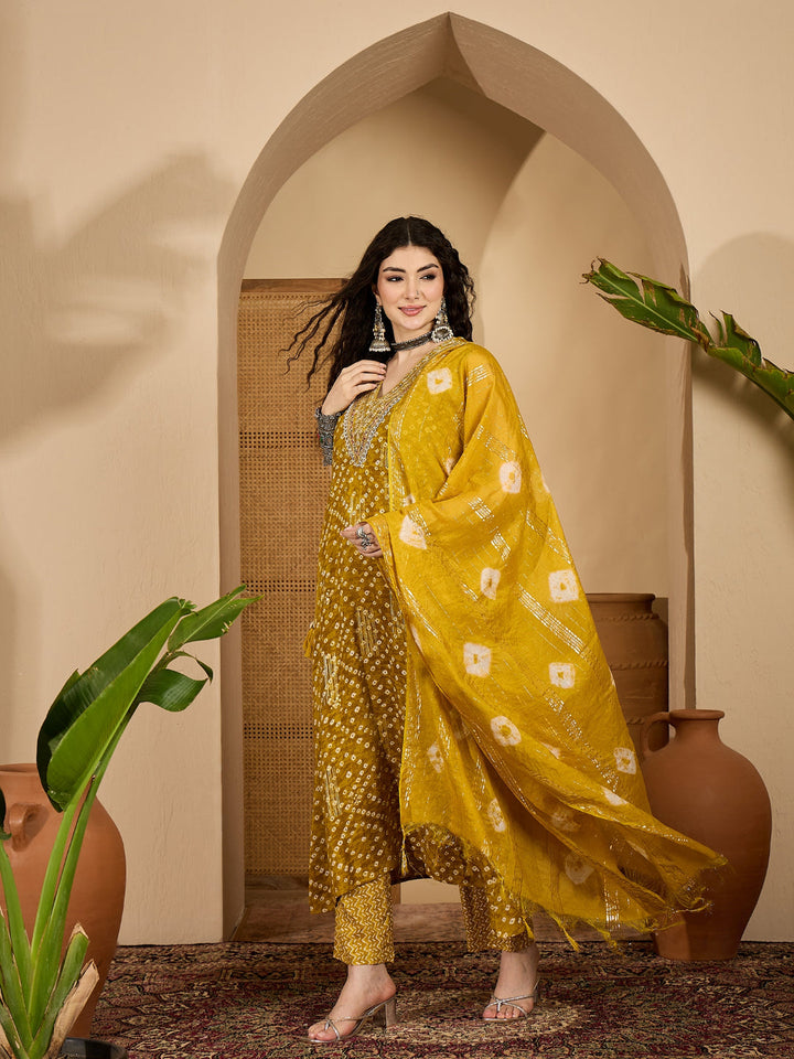 Bandhej Printed &amp; Embroidered Rayon A-Line Kurta Pant Dupatta Set