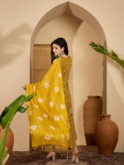 Bandhej Printed & Embroidered Rayon A-Line Kurta Pant Dupatta Set