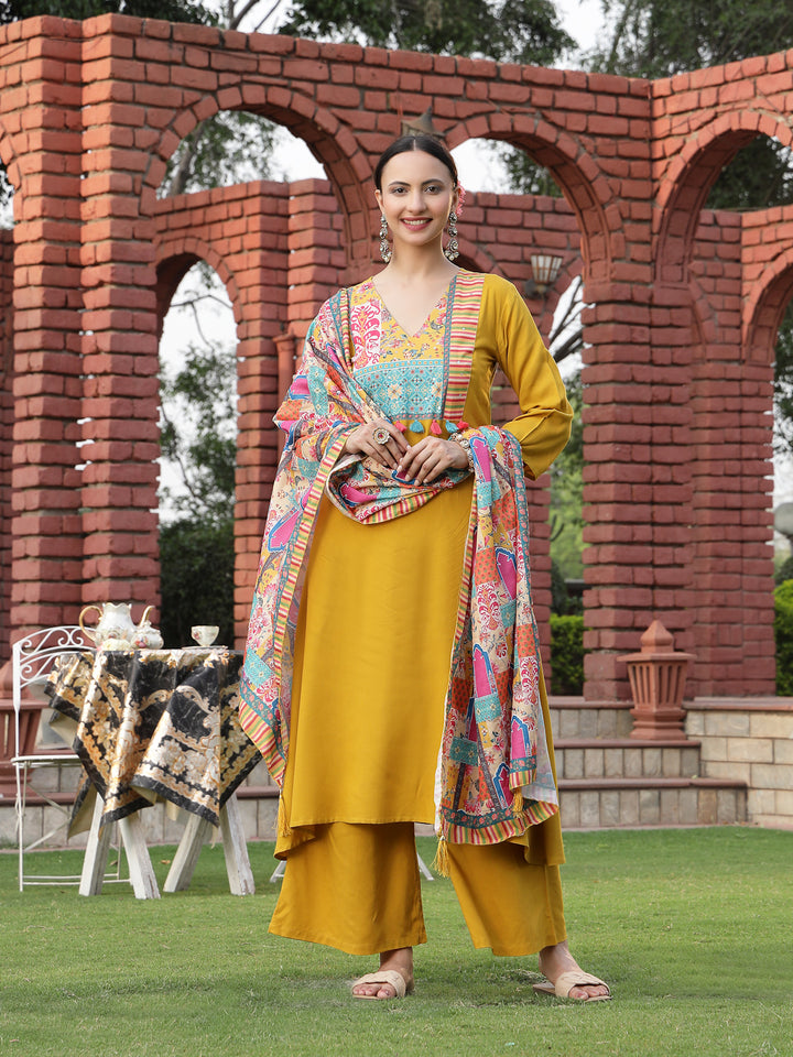 Solid Cotton A-Line Kurta Palazzo Dupatta Set