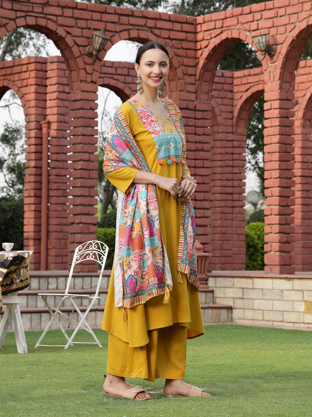 Solid Cotton A-Line Kurta Palazzo Dupatta Set