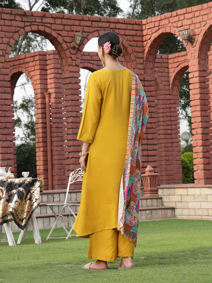 Solid Cotton A-Line Kurta Palazzo Dupatta Set