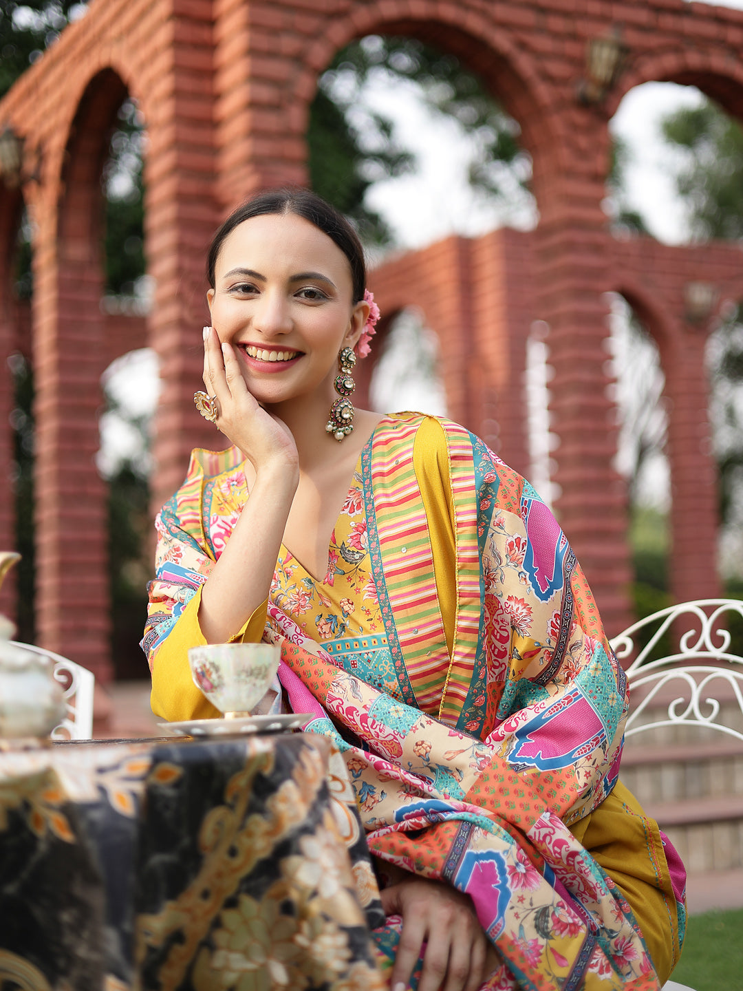 Solid Cotton A-Line Kurta Palazzo Dupatta Set