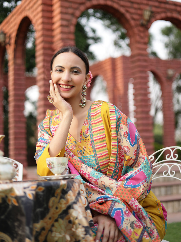 Solid Cotton A-Line Kurta Palazzo Dupatta Set