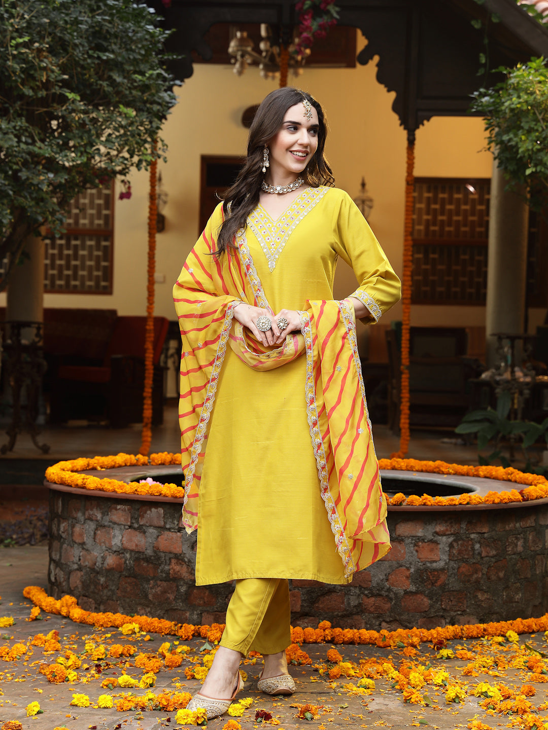 Mustard Lehariya Print & Embroidered Muslin Straight Kurta Pant Dupatta Set (Pre-Order)