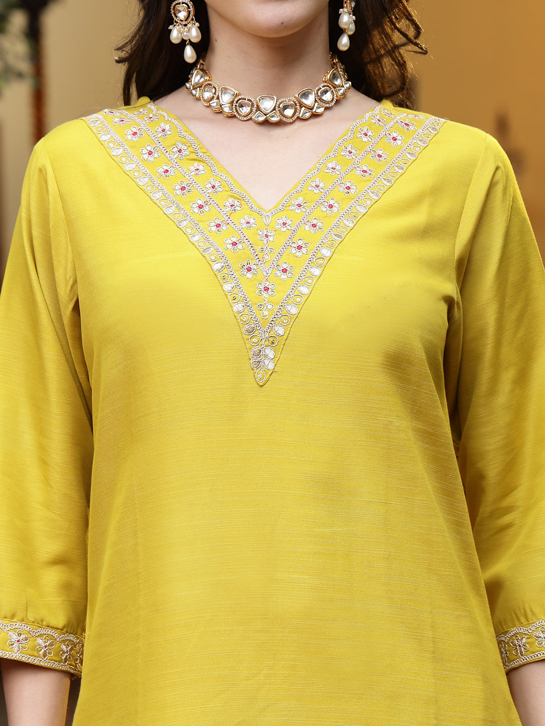 Mustard Lehariya Print &amp; Embroidered Muslin Straight Kurta Pant Dupatta Set