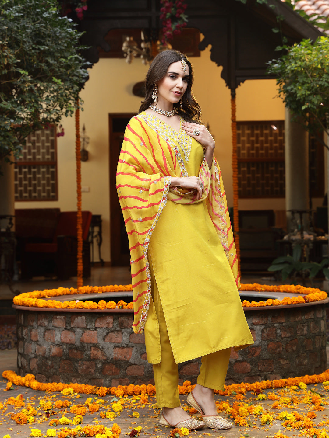 Mustard Lehariya Print &amp; Embroidered Muslin Straight Kurta Pant Dupatta Set