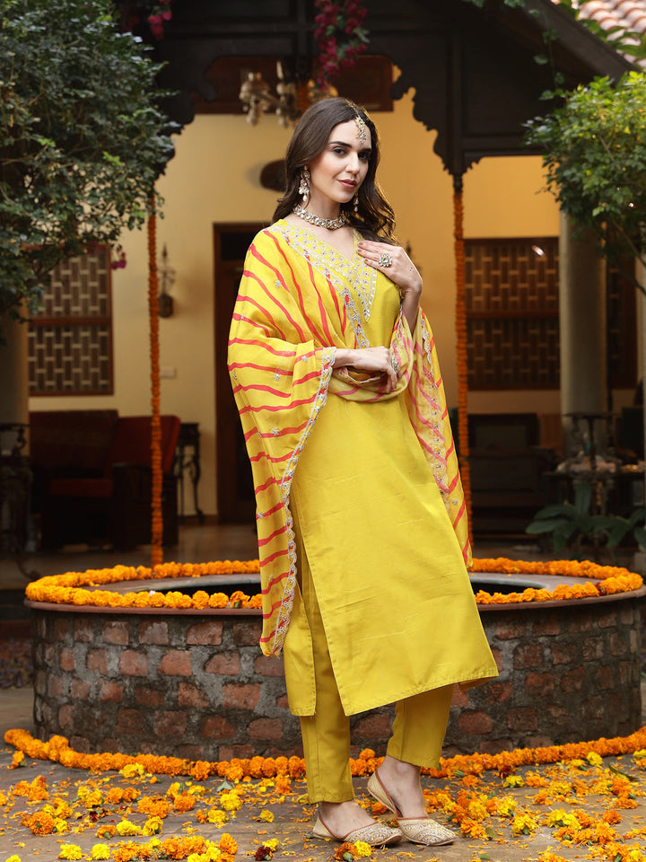 Mustard Lehariya Print &amp; Embroidered Muslin Straight Kurta Pant Dupatta Set