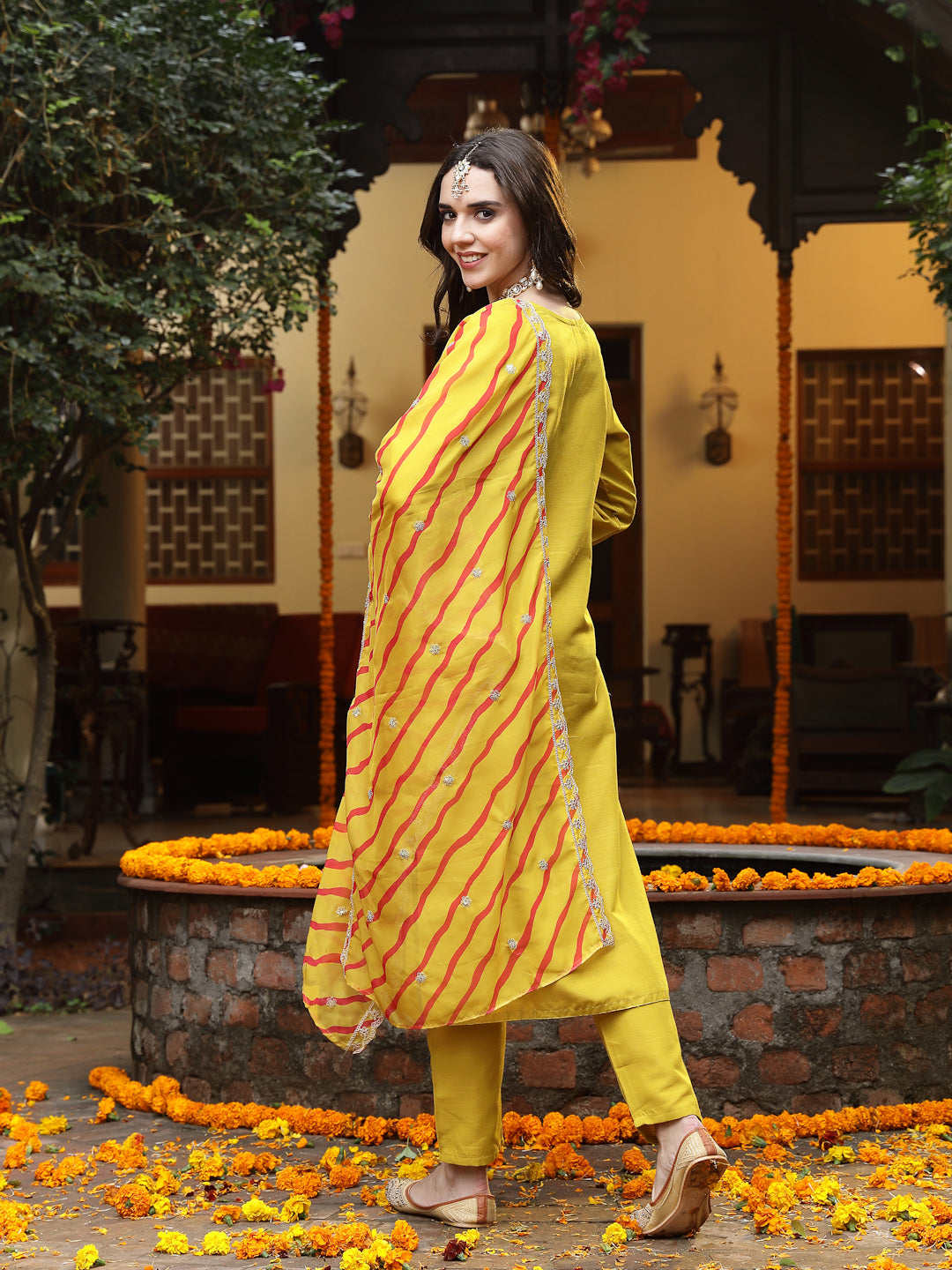 Mustard Lehariya Print &amp; Embroidered Muslin Straight Kurta Pant Dupatta Set