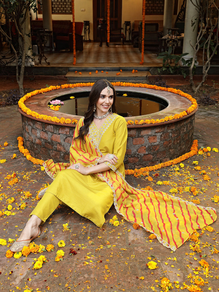 Mustard Lehariya Print &amp; Embroidered Muslin Straight Kurta Pant Dupatta Set