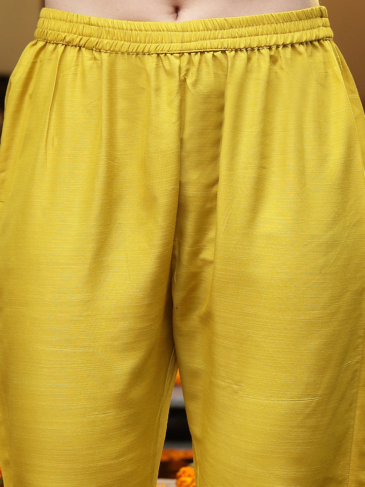 Mustard Lehariya Print &amp; Embroidered Muslin Straight Kurta Pant Dupatta Set