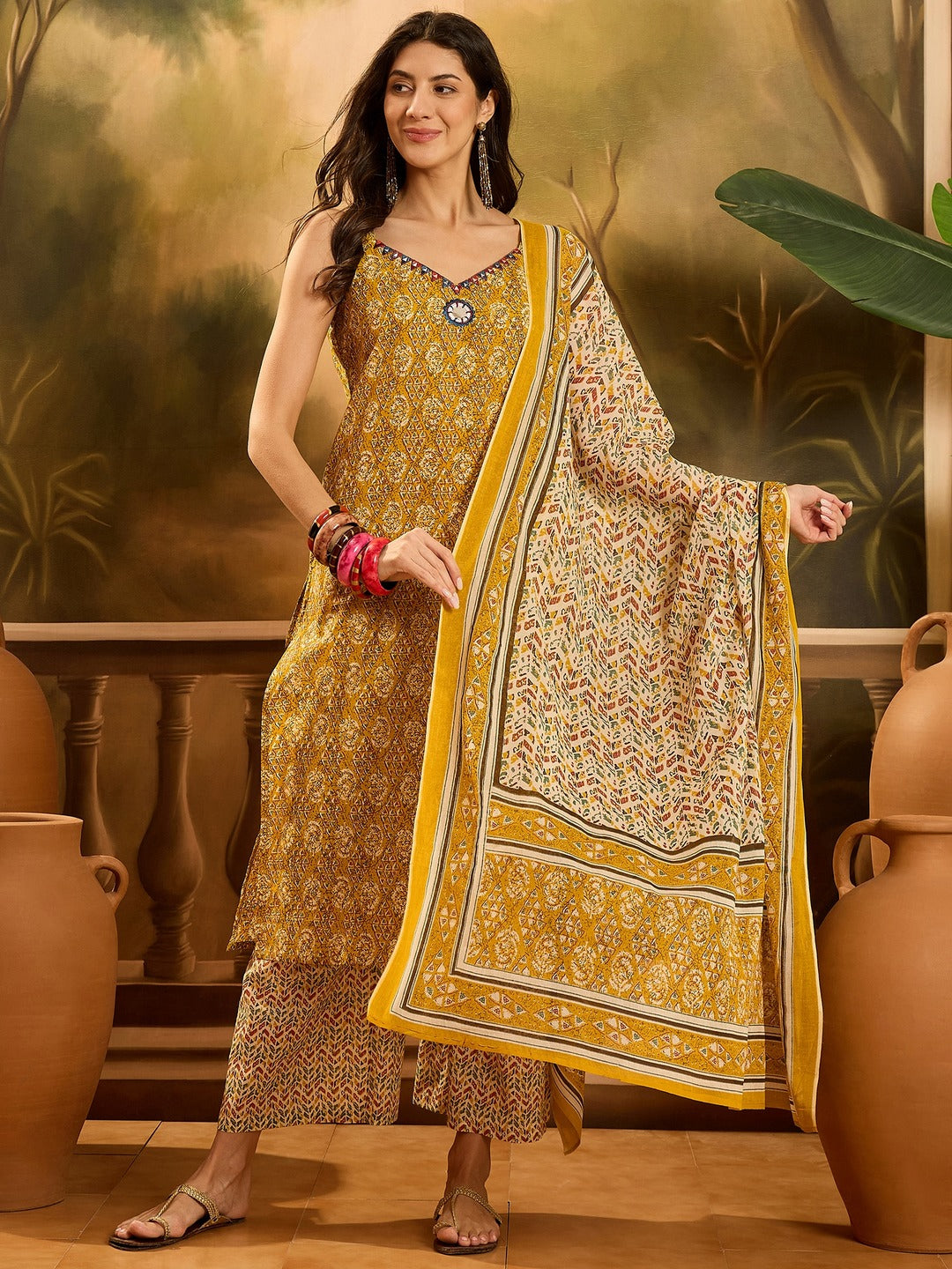 Mustard Ethnic Motif Printed Cotton Straight Kurta Palazzo Dupatta Set