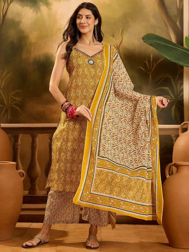 Mustard Ethnic Motif Printed Cotton Straight Kurta Palazzo Dupatta Set