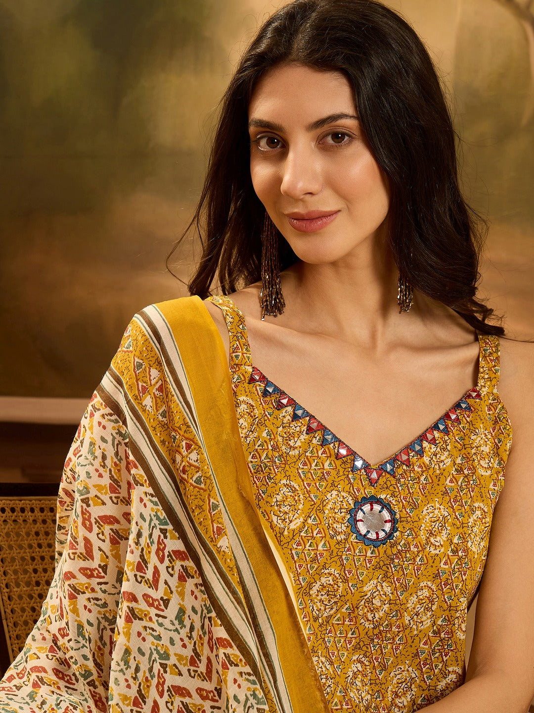 Mustard Ethnic Motif Printed Cotton Straight Kurta Palazzo Dupatta Set (Pre-Order)