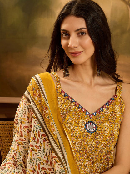 Mustard Ethnic Motif Printed Cotton Straight Kurta Palazzo Dupatta Set (Pre-Order)