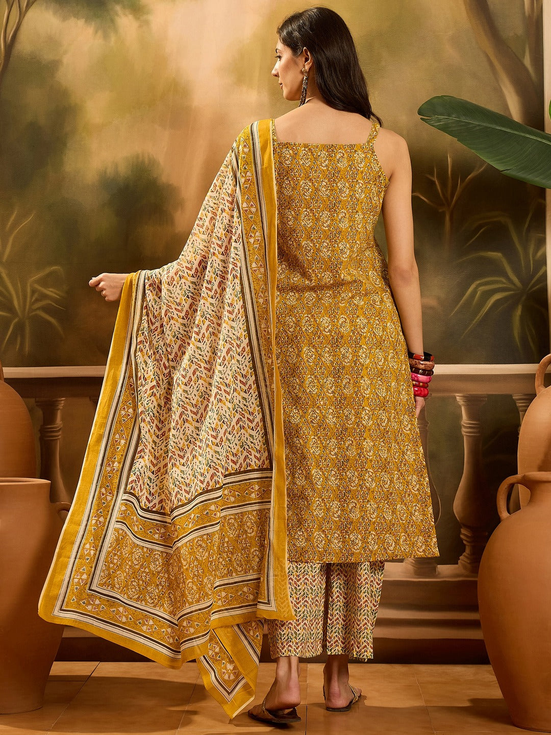 Mustard Ethnic Motif Printed Cotton Straight Kurta Palazzo Dupatta Set (Pre-Order)