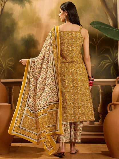 Mustard Ethnic Motif Printed Cotton Straight Kurta Palazzo Dupatta Set (Pre-Order)