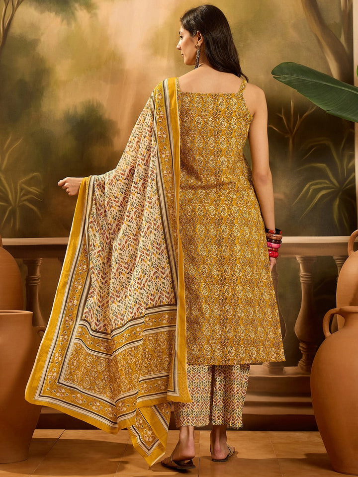 Mustard Ethnic Motif Printed Cotton Straight Kurta Palazzo Dupatta Set