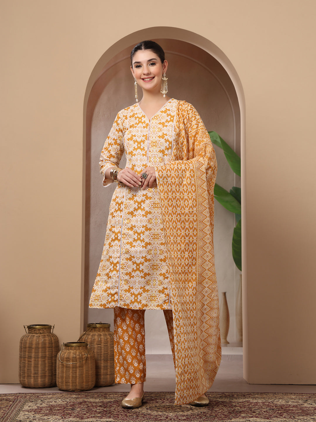 Ethnic Printed Cotton Straight Kurta Pant Dupatta Set