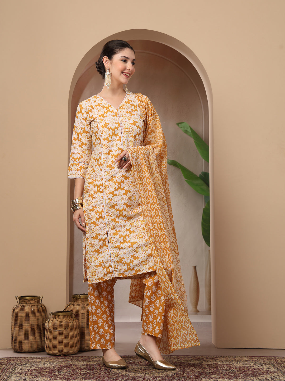 Ethnic Printed Cotton Straight Kurta Pant Dupatta Set