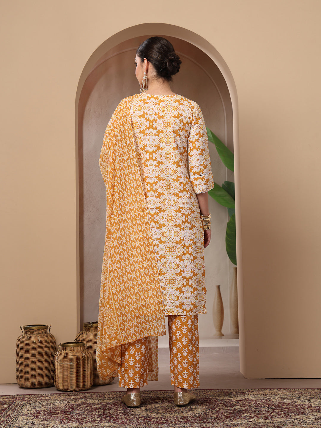 Ethnic Printed Cotton Straight Kurta Pant Dupatta Set