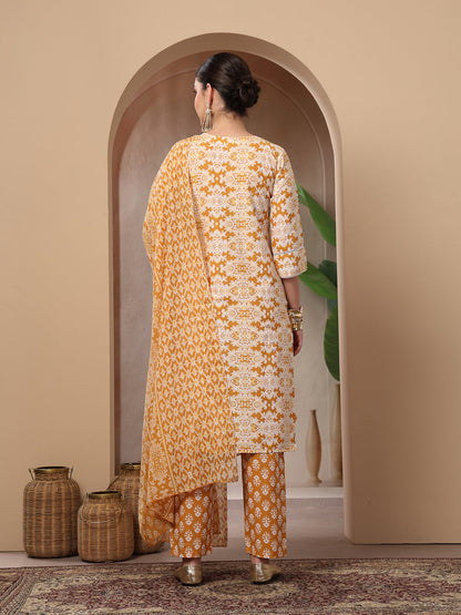 Ethnic Printed Cotton Straight Kurta Pant Dupatta Set