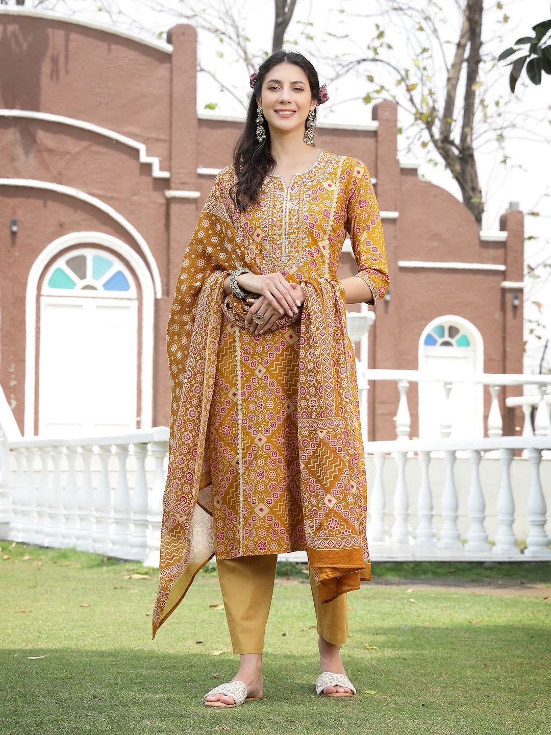Mustard Printed & Embroidered Cotton Straight Kurta Pant Dupatta Set